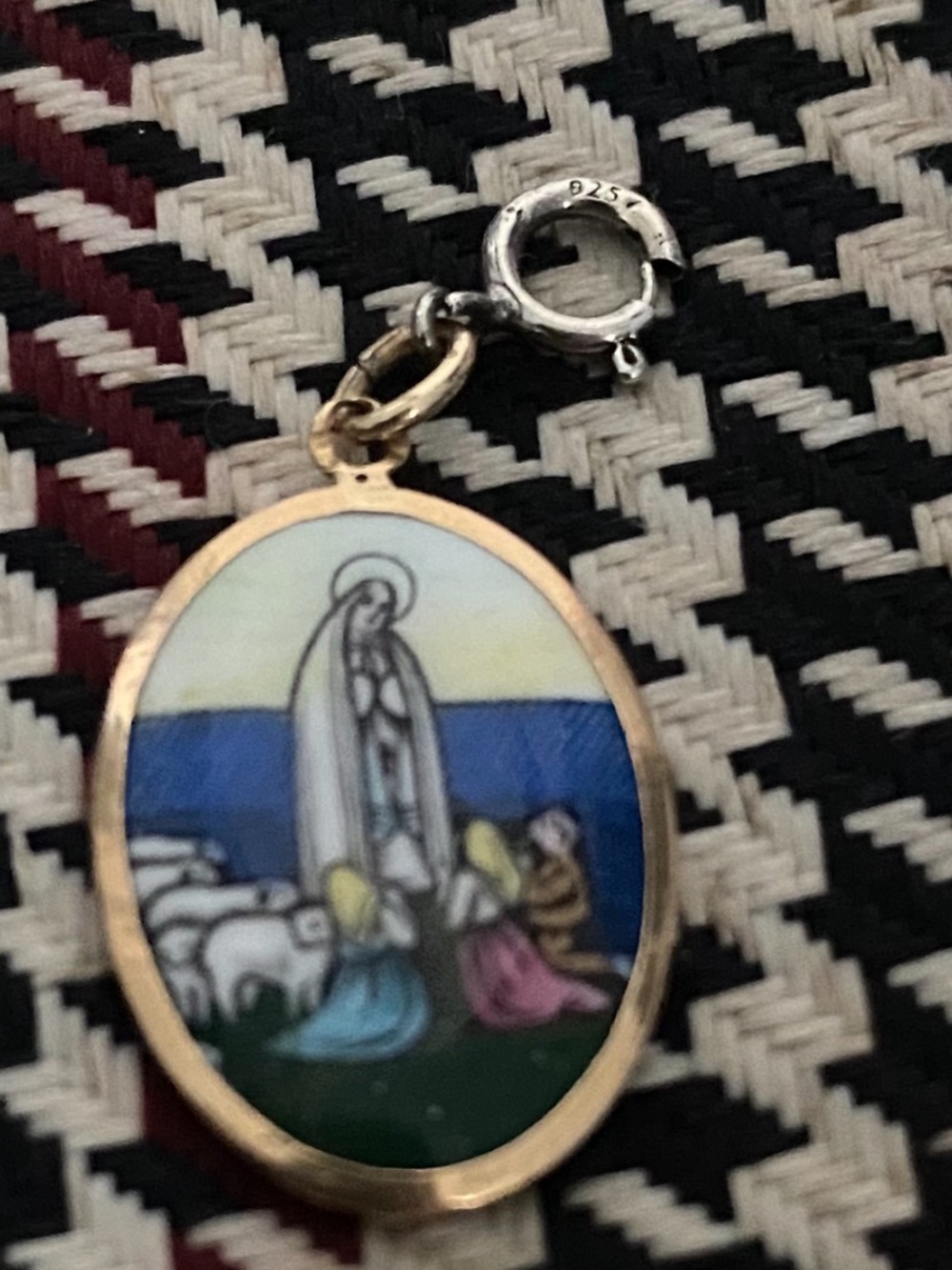 18K Gold and Porcelain Portuguese Lady of Fatima Pendant